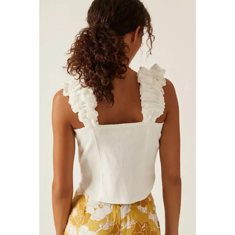 Anthropologie | Summer Preppy Ribbed Corset Puff Sleeve Cotton Tank Top Sz XS